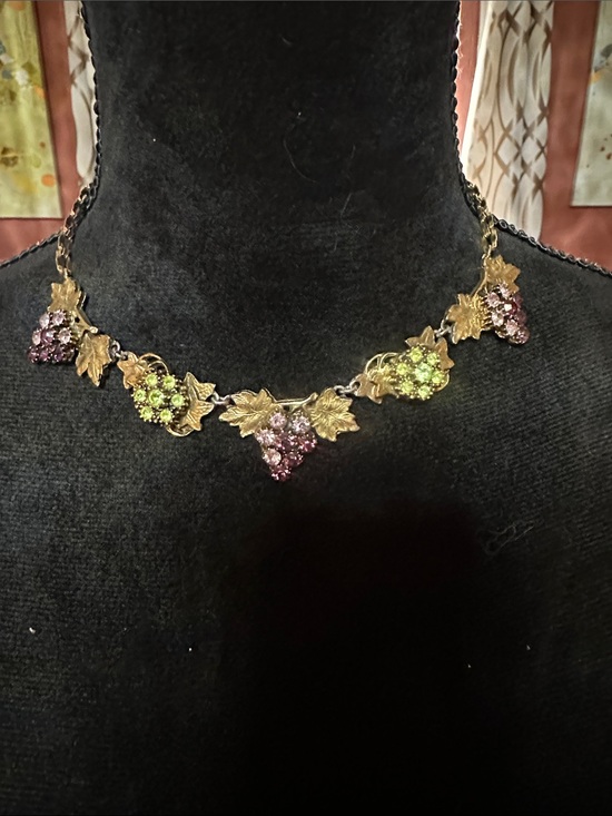 Jewelry - Vintage Gold-Tone Grape Cluster Necklace with Pink and Lime Rhinestones